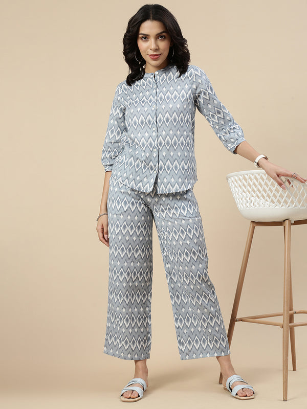 Co-Ord Set(Printed Tunic Top & Printed Flared Palazzo)-Blue - De Moza