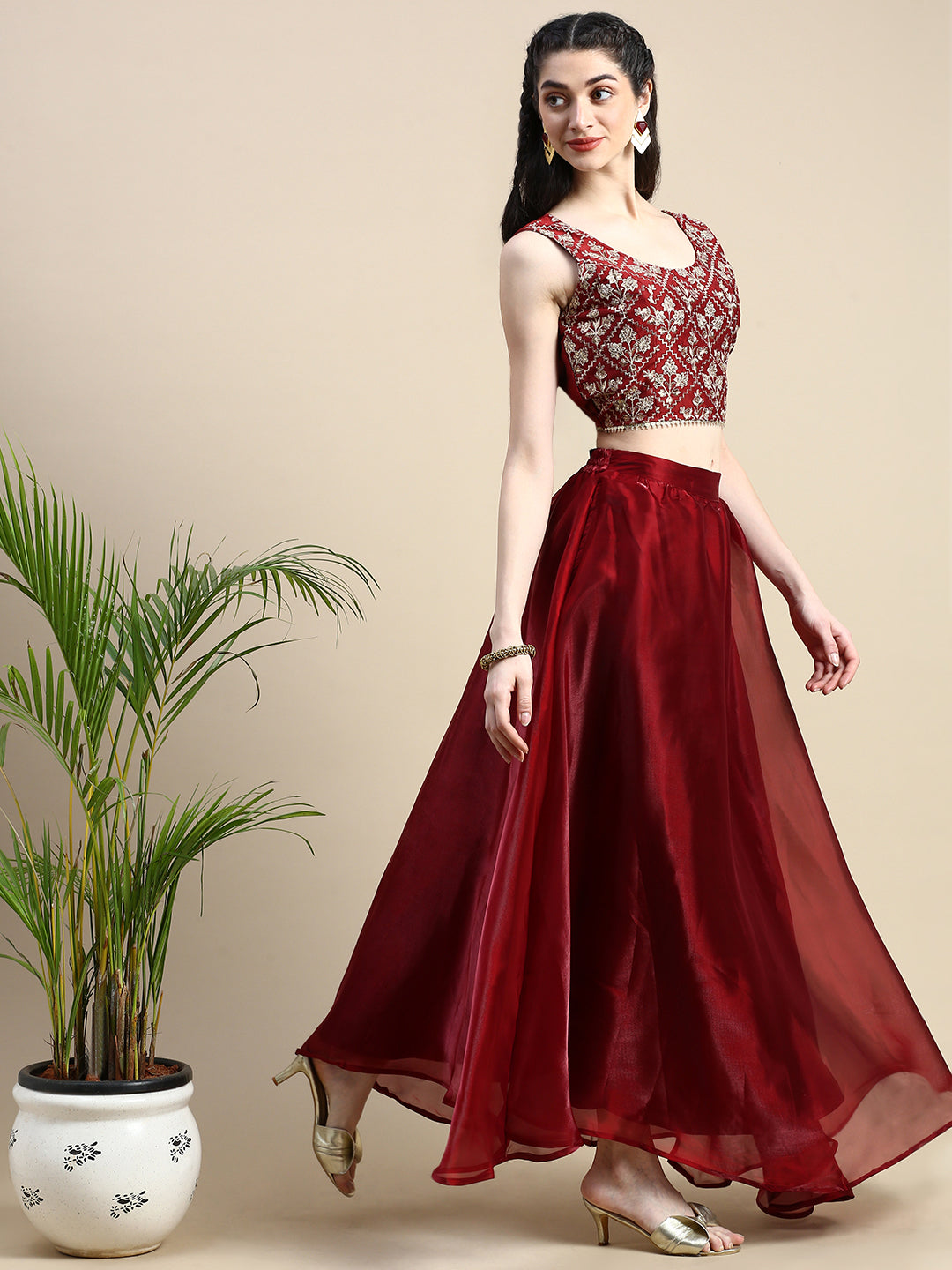 Crop Top Embroidery-Maroon - De Moza