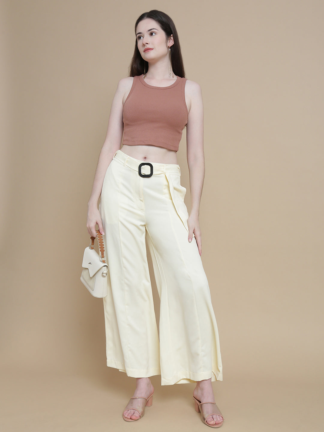 De Moza Women Woven Polyester Work wear Casual Pant with Functional Pockets Offwhite - De Moza