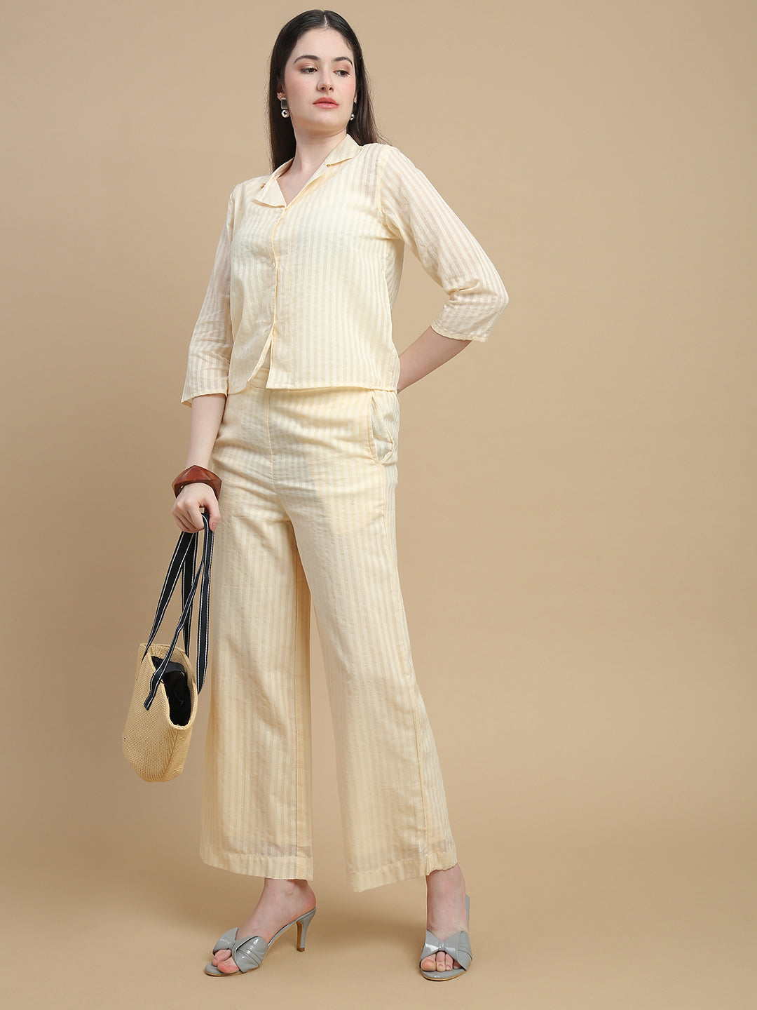 De Moza Women Woven Cotton Dobby Regular Fit Straight Palazzo Pant with Functional Pockets Chalk - De Moza
