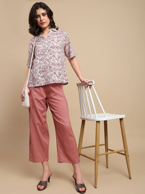 De Moza Women Mehek Set (Top & Palazzo) - White & Maroon - De Moza