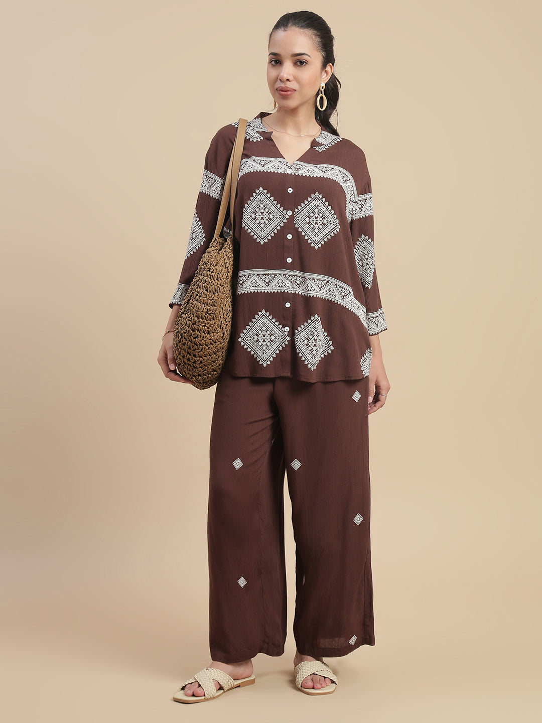 De Moza Women's Officewear Co-ords (Shirt & Straight Palazzo) Dark Brown - De Moza