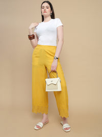 De Moza Women Woven Viscose Flex Regular Fit Schiffly Narrow Palazzo Pant with Functional Pockets Lime Yellow - De Moza