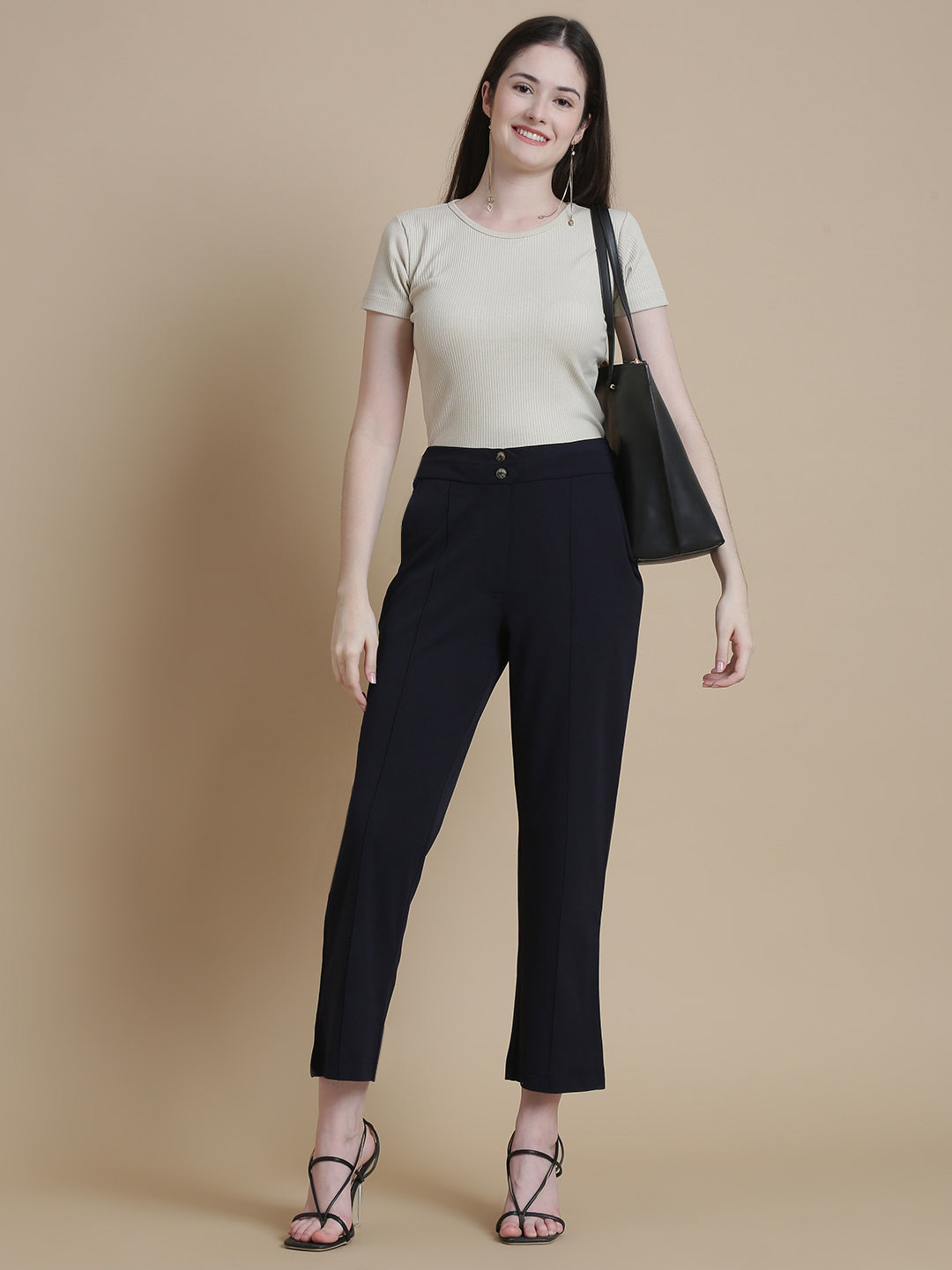 De Moza Women Woven Polyester Work wear Casual Pant with Functional Pockets Navy - De Moza
