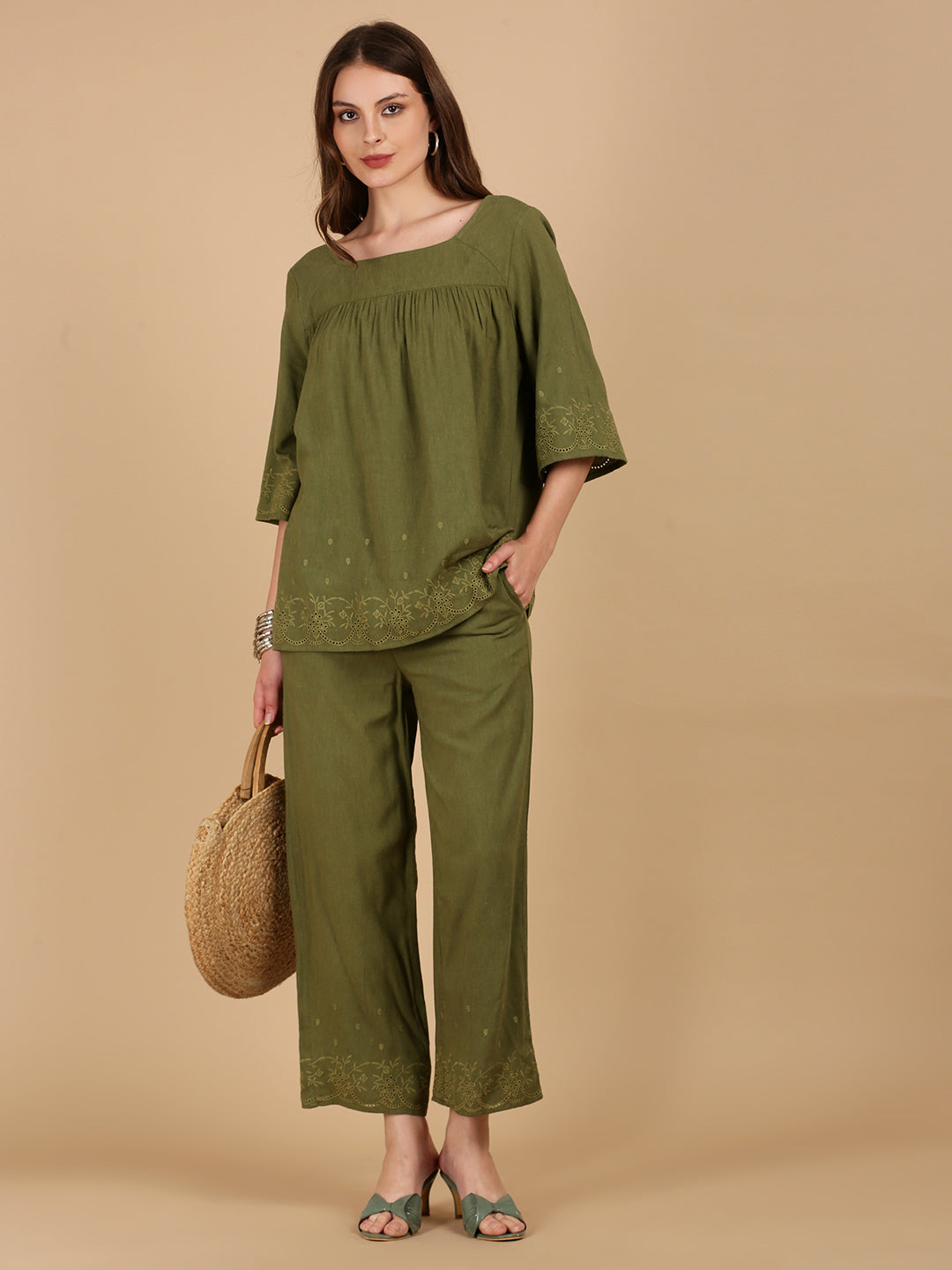 De Moza Women Woven Rayon Boxy Fit Top Olive Green
