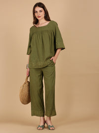 De Moza Women Woven Rayon Boxy Fit Top Olive Green