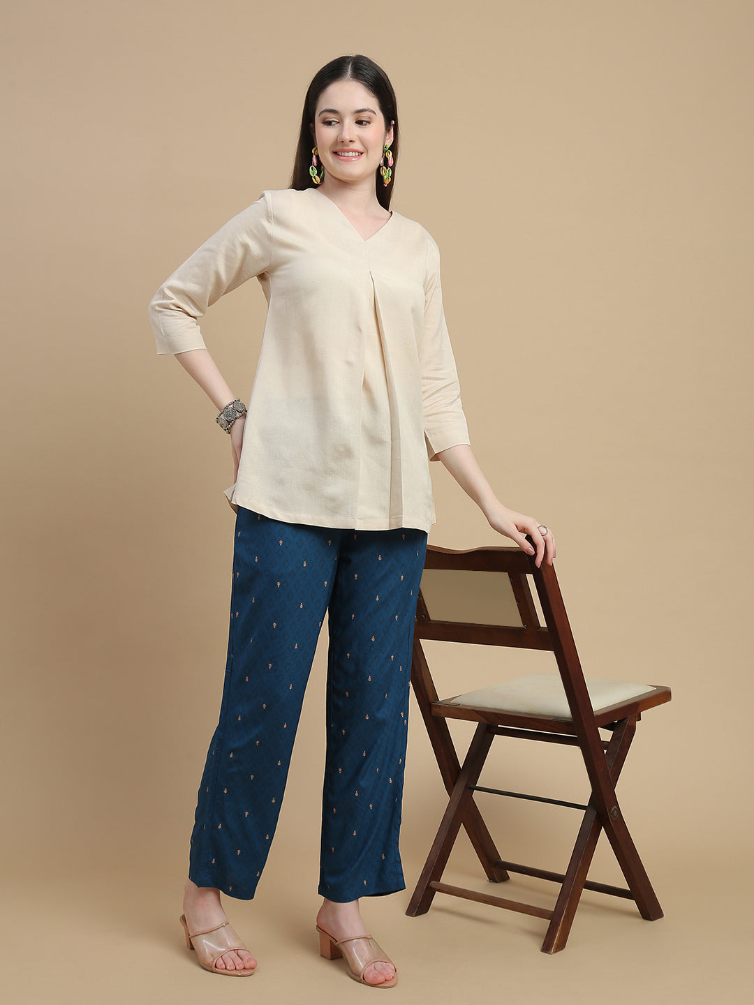 De Moza Women Woven Rayon Straight Fit Printed Straight Pant with Functional Pockets Teal Blue - De Moza