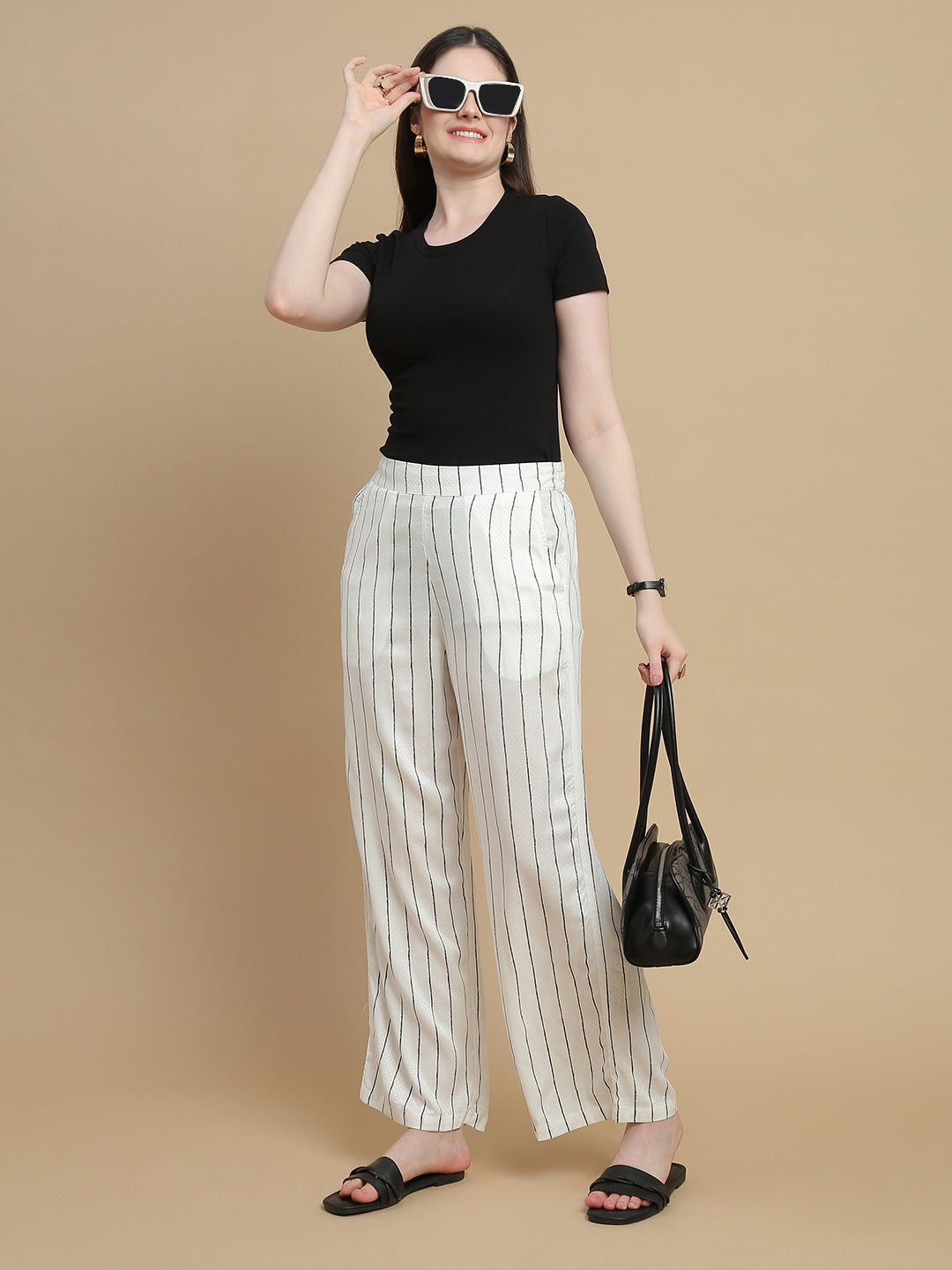 De Moza Women Woven Rayon Dobby Loose Fit Printed Straight Palazzo Pant with Functional Pockets Offwhite - De Moza
