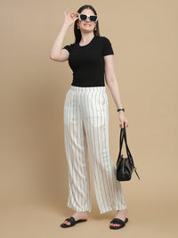 De Moza Women Woven Rayon Dobby Loose Fit Printed Straight Palazzo Pant with Functional Pockets Offwhite - De Moza