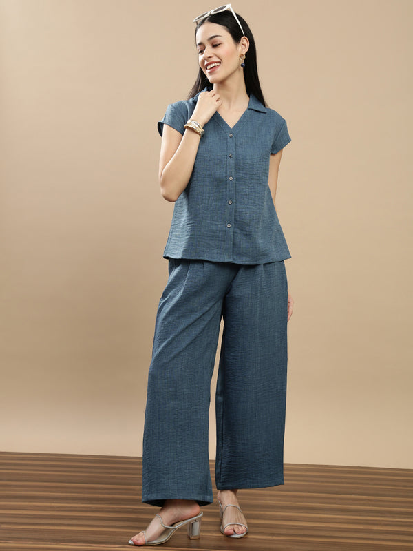 Co-ord Set (Top & Palazzo) - Teal Blue - De Moza