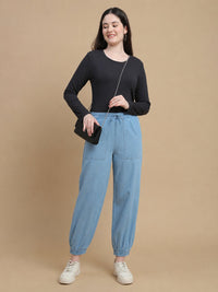 De Moza Women Woven Cotton Regular Fit Denim Jogger with Functional Pockets Light Blue - De Moza