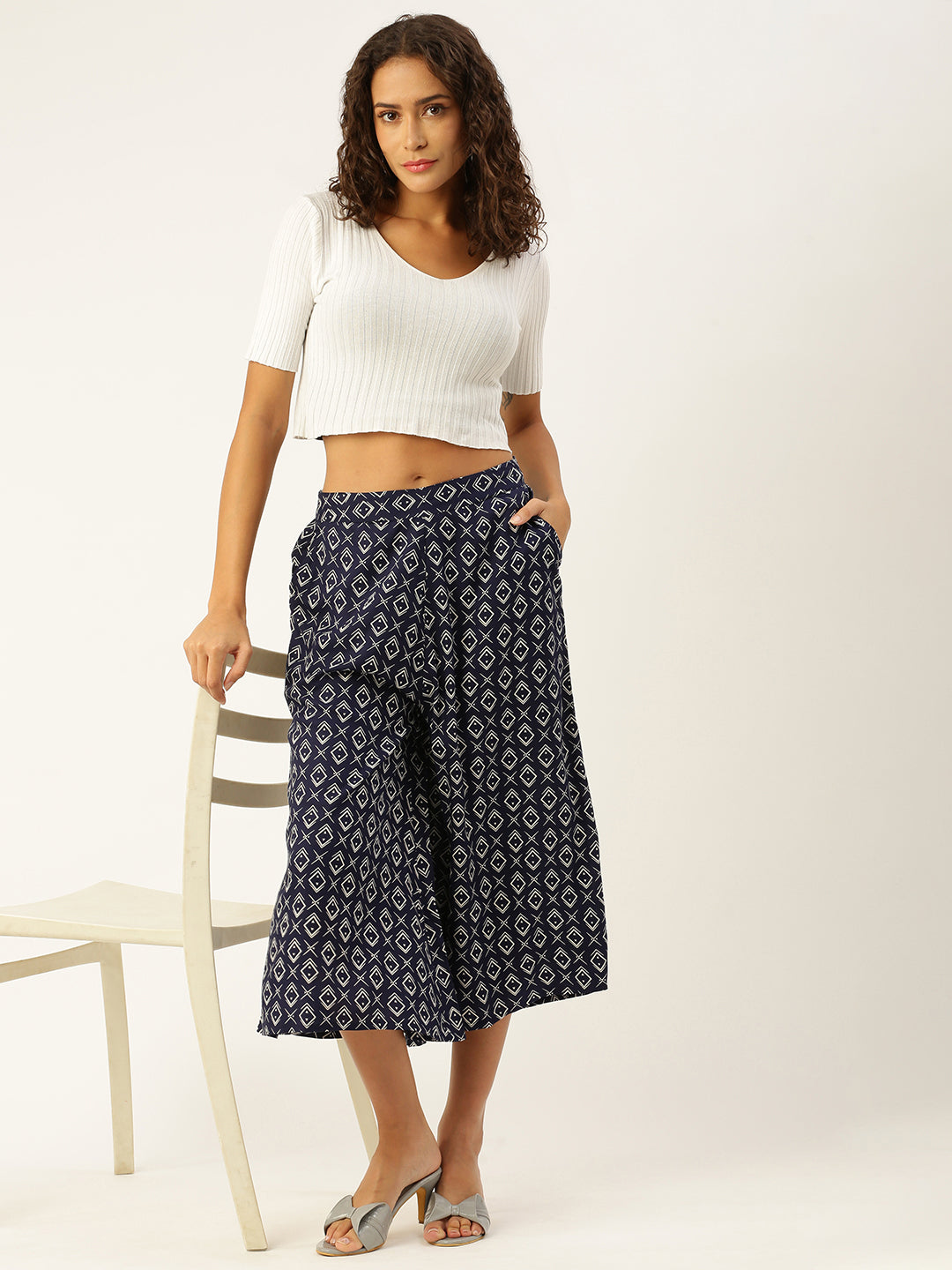 De Moza Ladies Printed Culottes Indigo