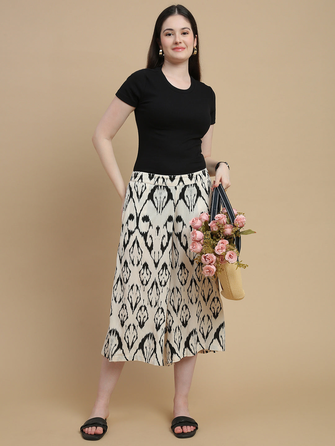 De Moza Women Woven Rayon High Twist Loose Fit Printed Culottes with Functional Pockets Cream - De Moza