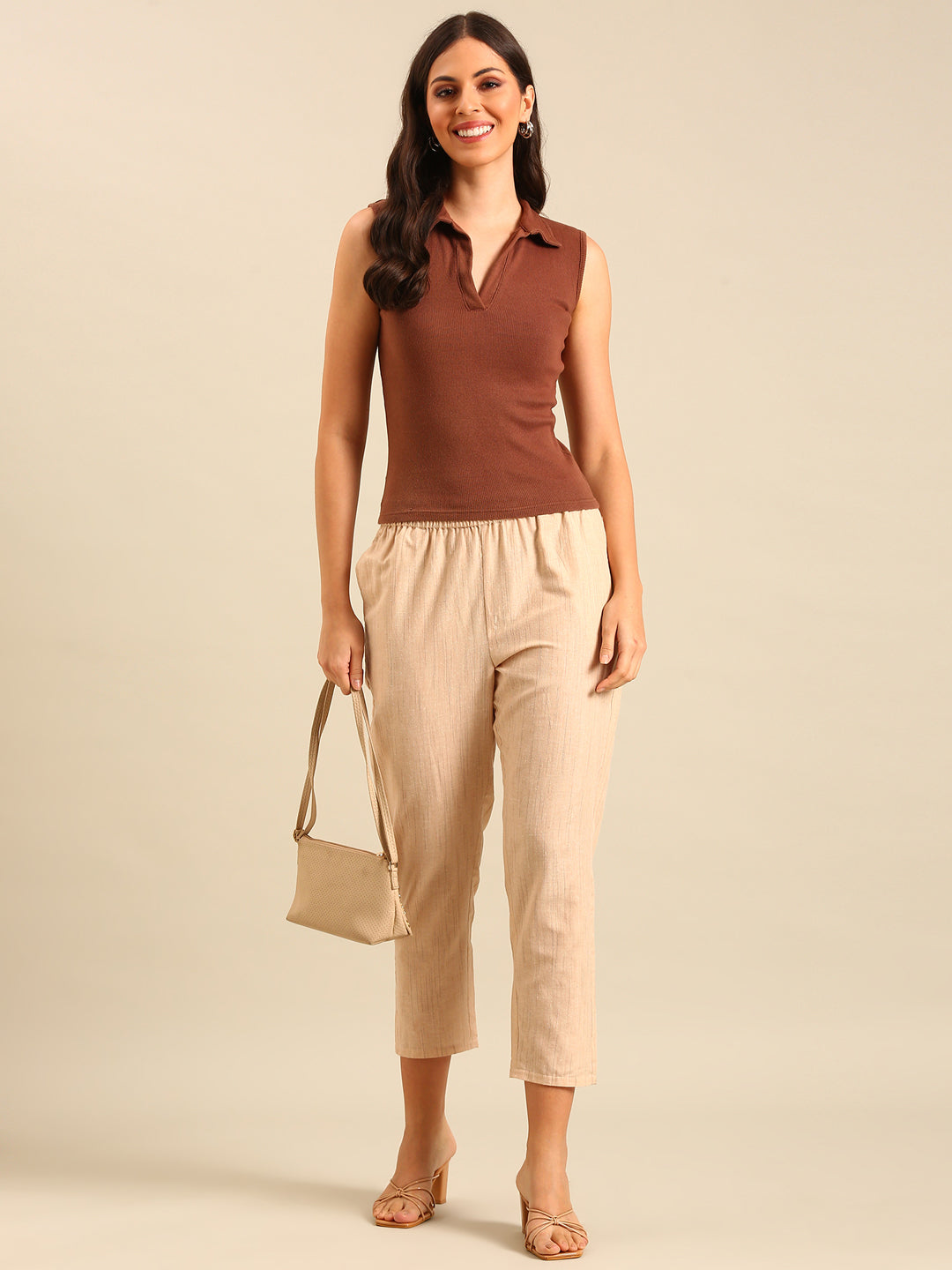 Printed Straight Pant-Beige - De Moza