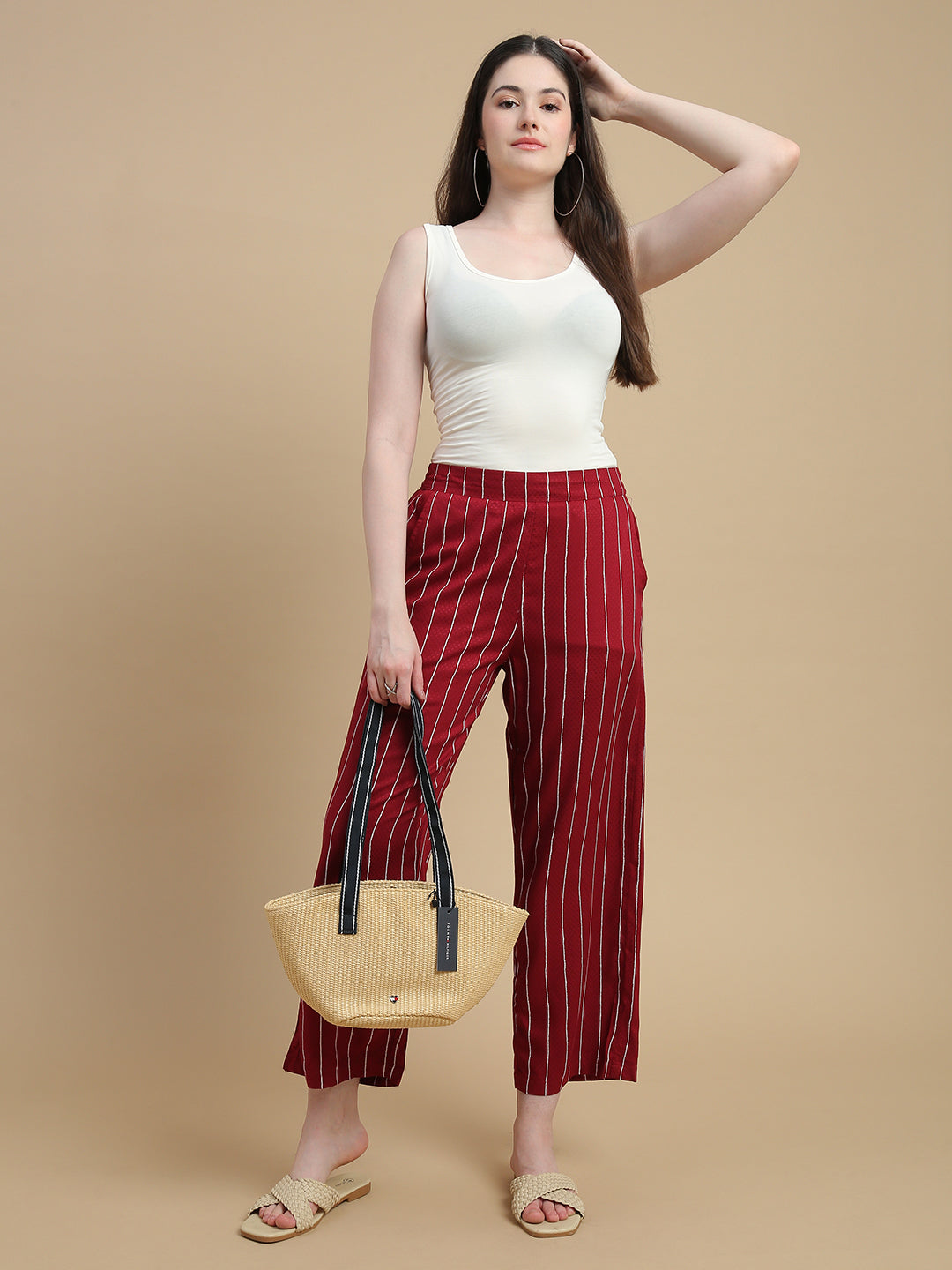 De Moza Women Woven Rayon Dobby Loose Fit Printed Straight Palazzo Pant with Functional Pockets Burgundy - De Moza
