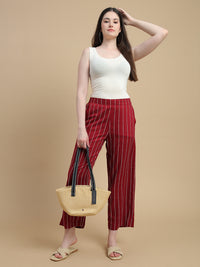 De Moza Women Woven Rayon Dobby Loose Fit Printed Straight Palazzo Pant with Functional Pockets Burgundy - De Moza