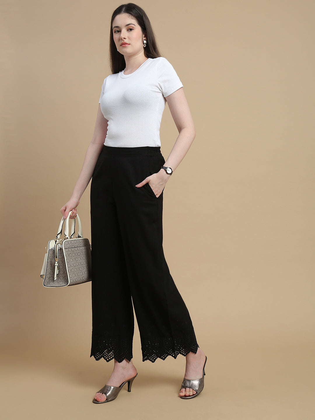 De Moza Women Woven Viscose Flex Regular Fit Schiffly Narrow Palazzo Pant with Functional Pockets Black - De Moza