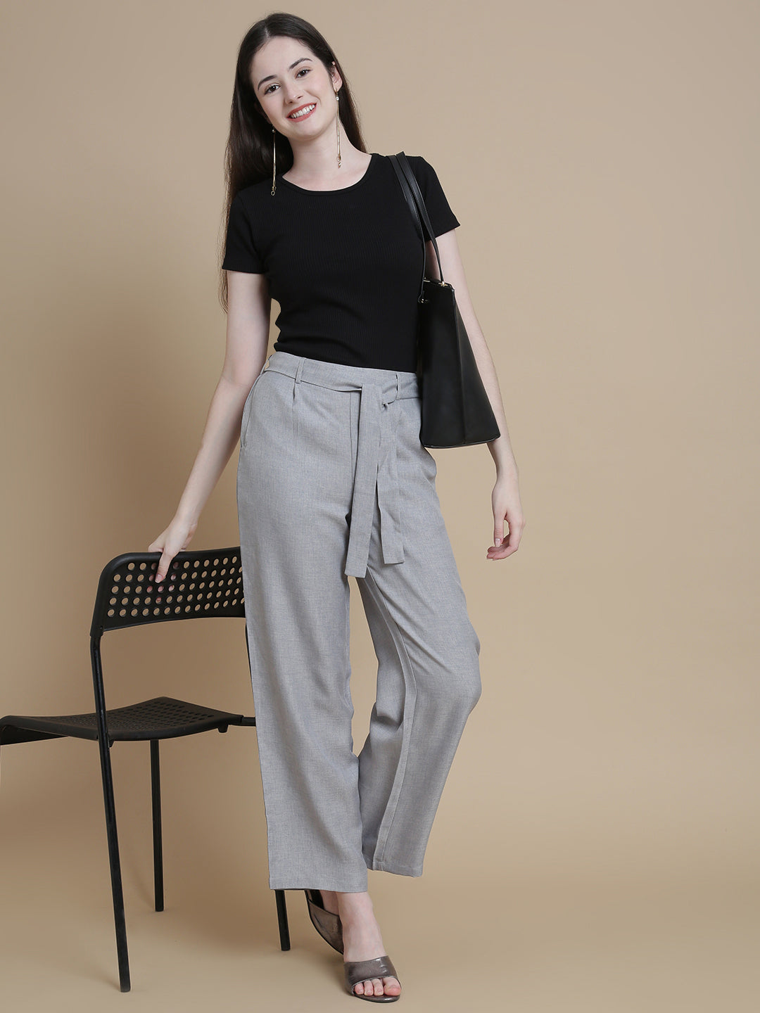 De Moza Women Woven Polyester Work wear Casual Pant with Functional Pockets Grey - De Moza
