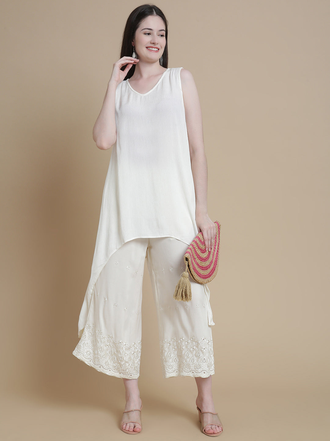 De Moza Women Woven Viscose Narrow Palazzo Schiffly with Functional Pockets White - De Moza