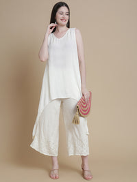 De Moza Women Woven Viscose Narrow Palazzo Schiffly with Functional Pockets White - De Moza