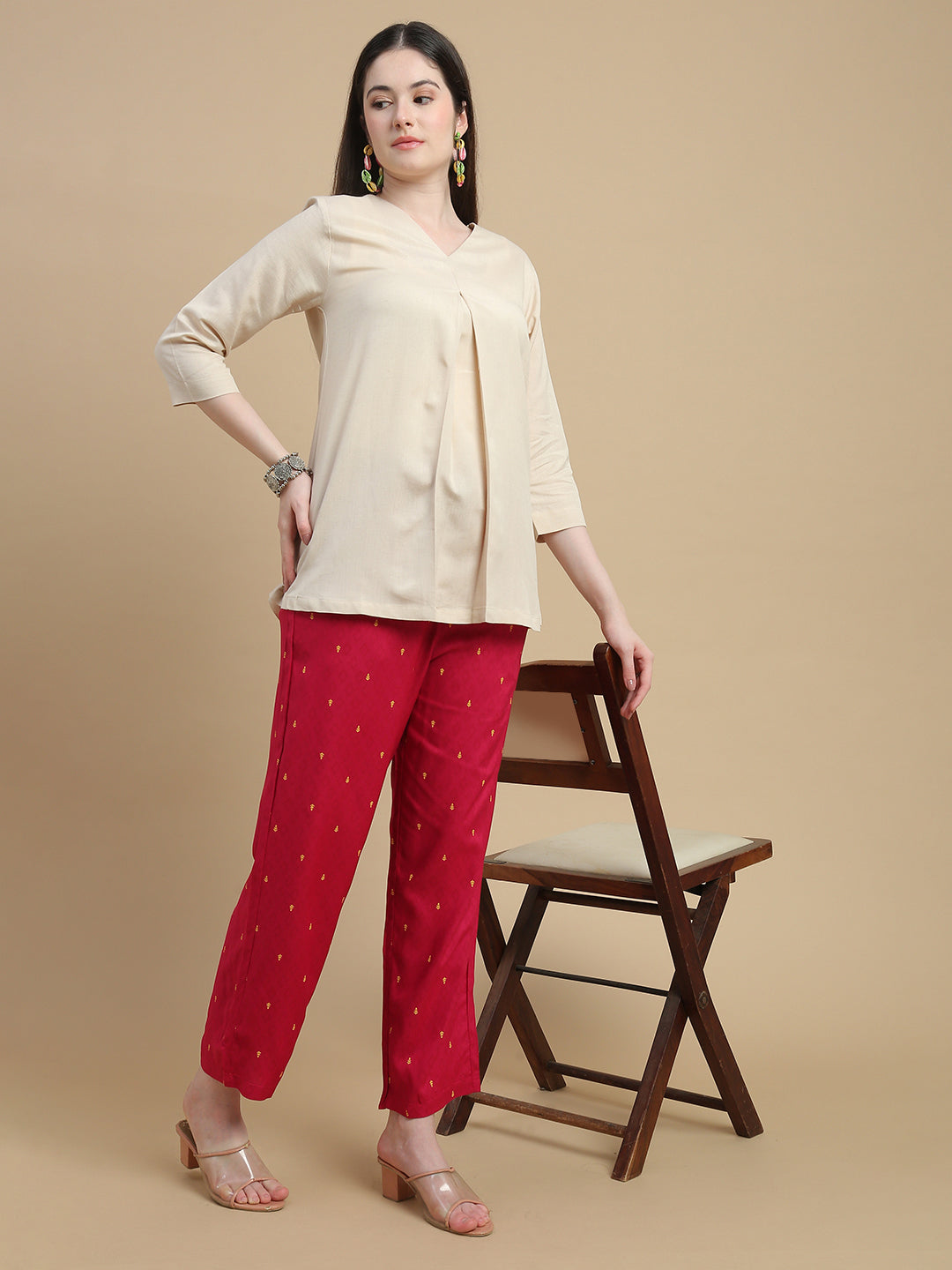 De Moza Women Woven Rayon Straight Fit Printed Straight Pant with Functional Pockets Fuchsia - De Moza