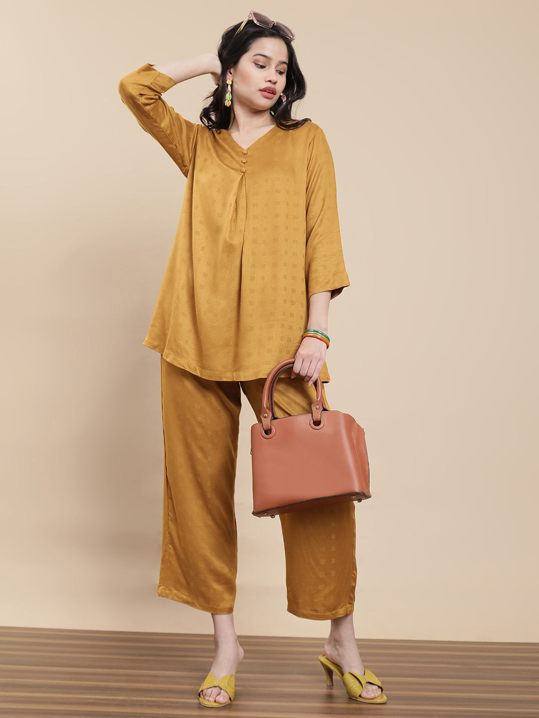 De Moza Women Co-ords with Pack of Top & Palazzo Dark Mustard