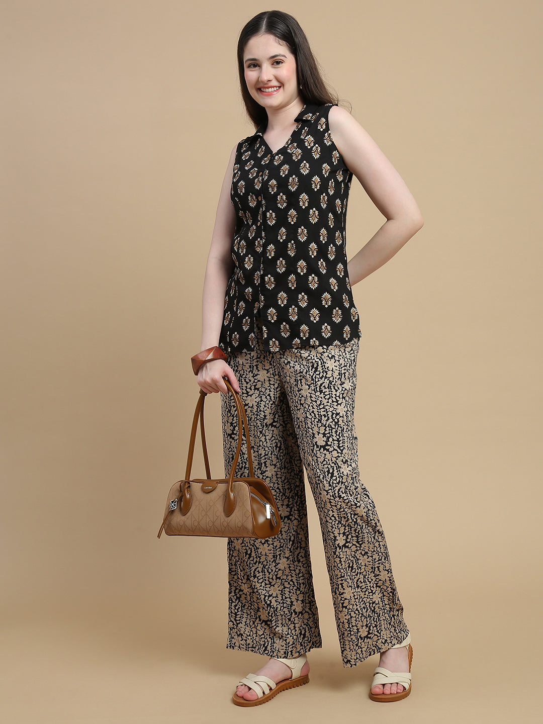 De Moza Women Woven Rayon Regular Fit Printed Sleeveless Top with Collared Neck Black - De Moza
