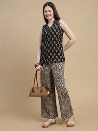 De Moza Women Woven Rayon Regular Fit Printed Sleeveless Top with Collared Neck Black - De Moza