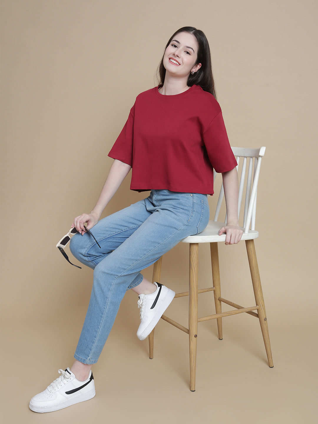 De Moza Women Knitted Cotton Crop Boxy Fit T-shirt Burgandy - De Moza
