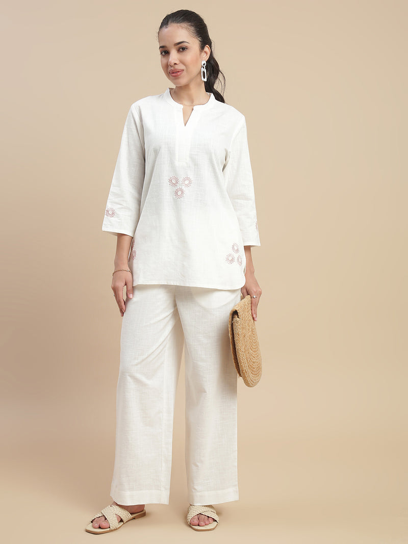 De Moza Women's Officewear Co-ords (Short Kurta & Straight Pant) Offwhite - De Moza