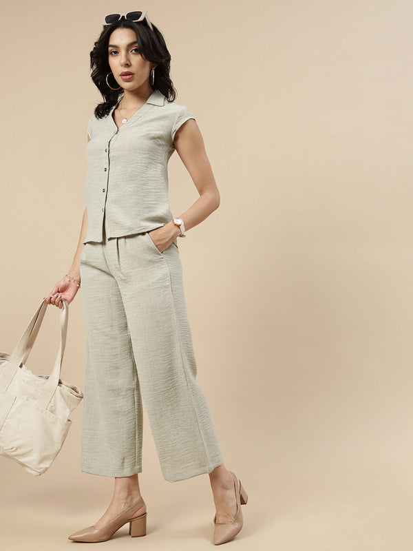 Co-Ord Set(Casual Top & Narrow Palazzo)-Ecru - De Moza