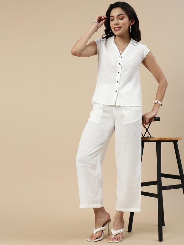 Co-Ord Set(Casual Top & Narrow Palazzo)-White - De Moza