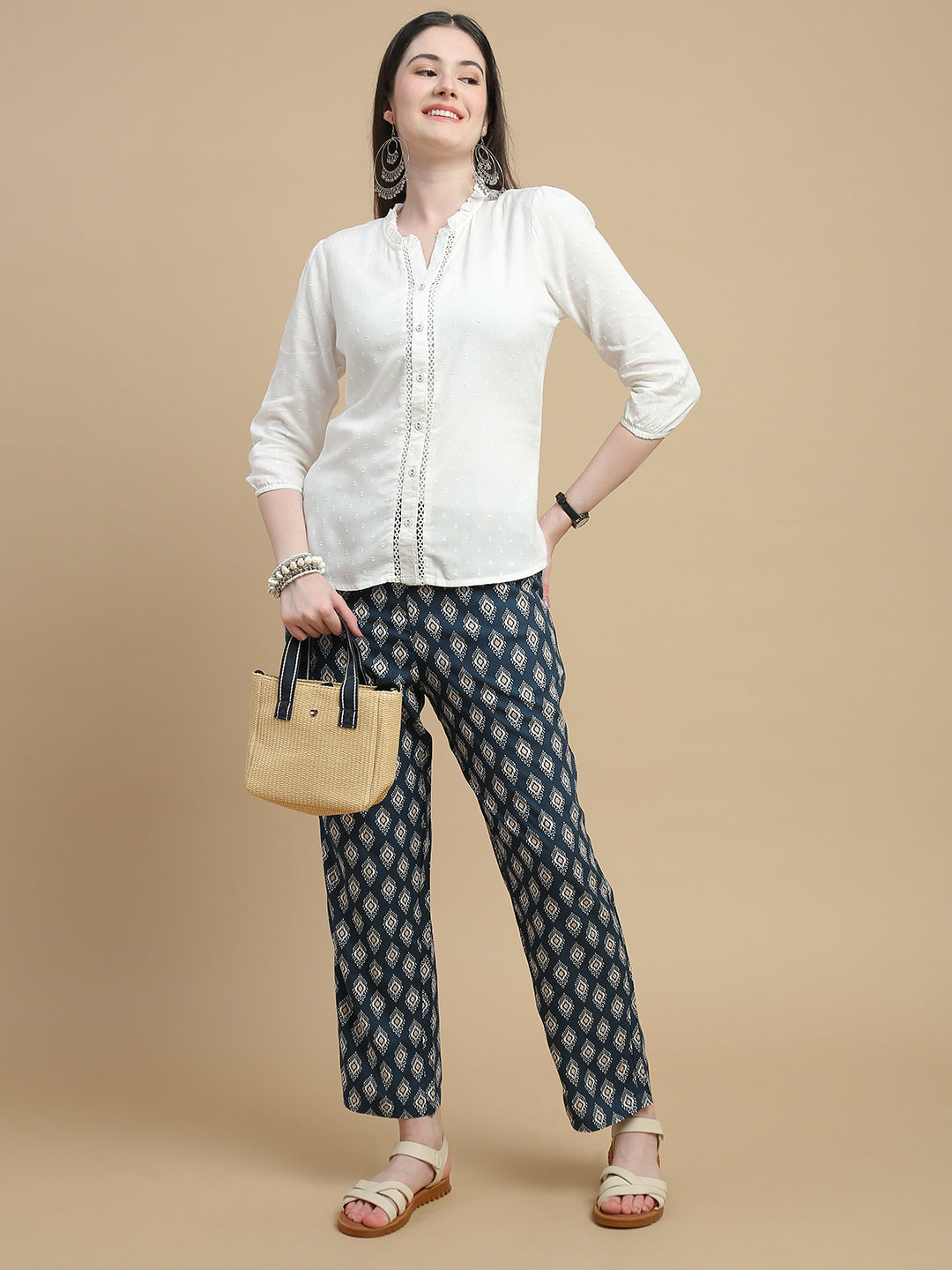 De Moza Women Woven Rayon Straight Fit Printed Pant with Functional Pockets Dark Teal - De Moza