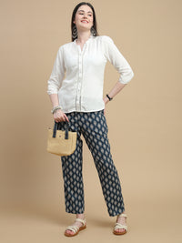 De Moza Women Woven Rayon Straight Fit Printed Pant with Functional Pockets Dark Teal - De Moza