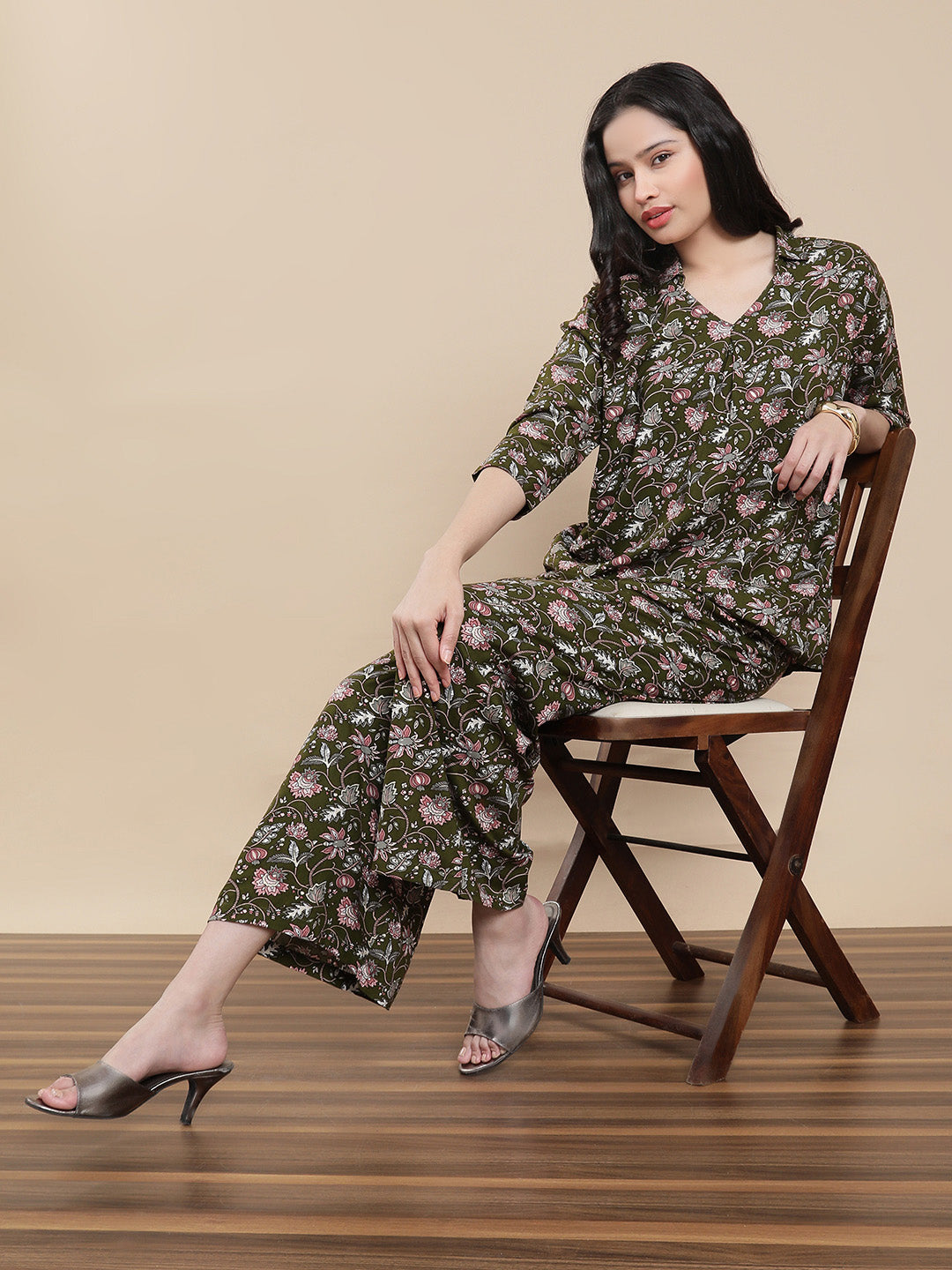 De Moza Women Co-ords with Pack of Top & Palazzo Deep Green