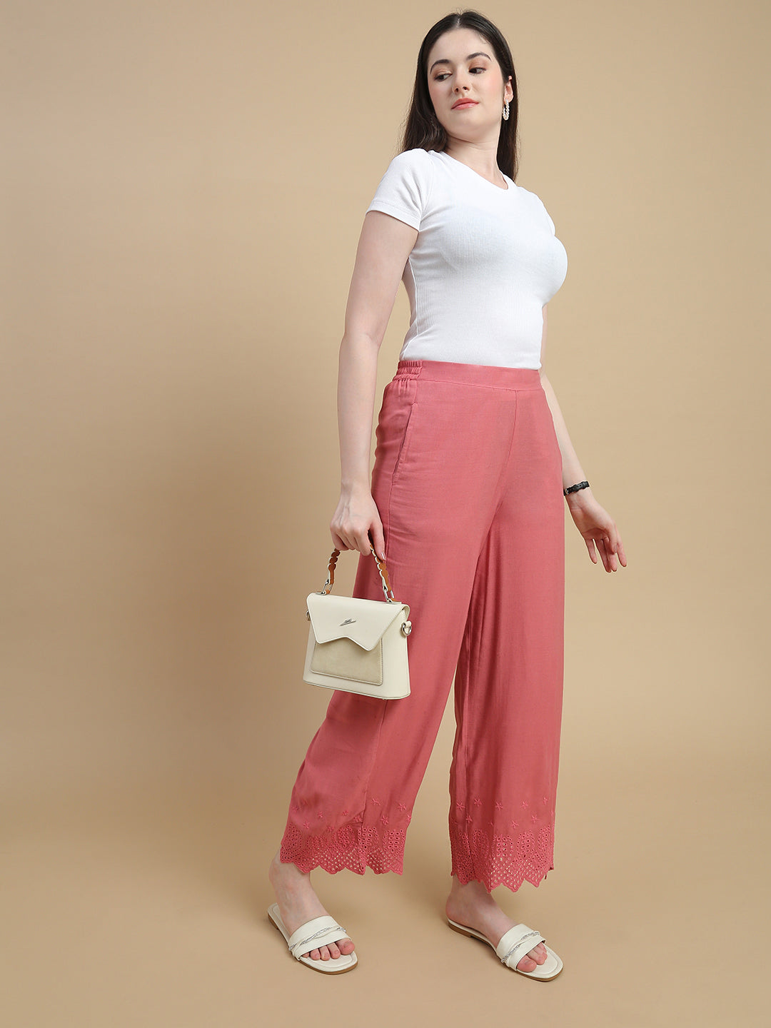 De Moza Women Woven Viscose Flex Regular Fit Schiffly Narrow Palazzo Pant with Functional Pockets Peach - De Moza