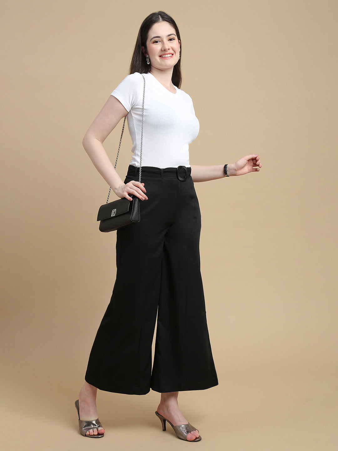 De Moza Women Woven Polyester Regular Fit Work Wear Casual Pant with Functional Pockets Black - De Moza
