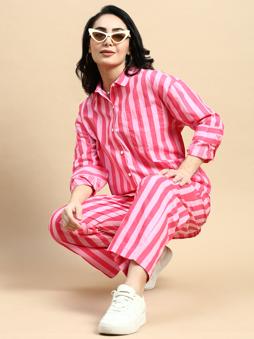 Co-Ord Set Striped (Shirt & Wide Leg Pant)-Pink - De Moza