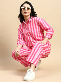 Co-Ord Set Striped (Shirt & Wide Leg Pant)-Pink - De Moza