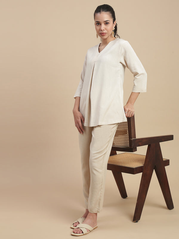 De Moza Women's Officewear Co-ords (Straight Pant & Tunic Top) Light Beige - De Moza