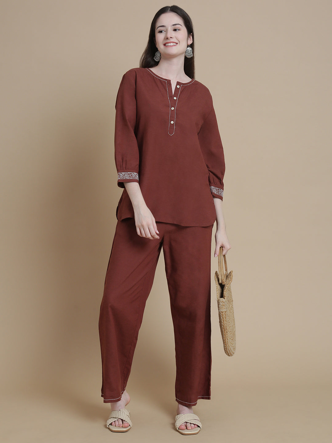 De Moza Women Woven Rayon Kurti Brown - De Moza
