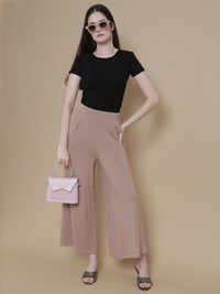 De Moza Women Knitted Viscose Pleated Palazzo with Functional Pockets Taupe - De Moza