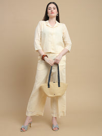 De Moza Women Woven Cotton Dobby Crop Shirt with Collared Neck and 3/4th Sleeves Chalk - De Moza