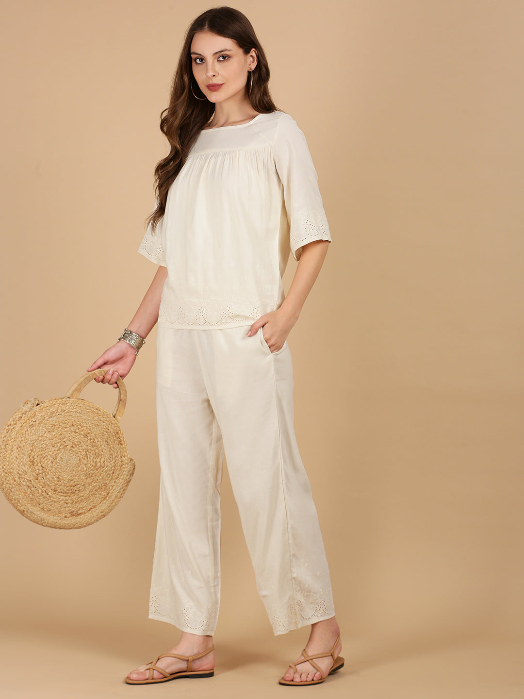 De Moza Women Woven Rayon Boxy Fit Top Natural