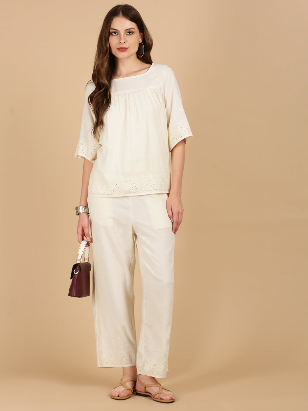 De Moza Women Woven Rayon Regular Fit Palazzo with Functional Pockets Natural