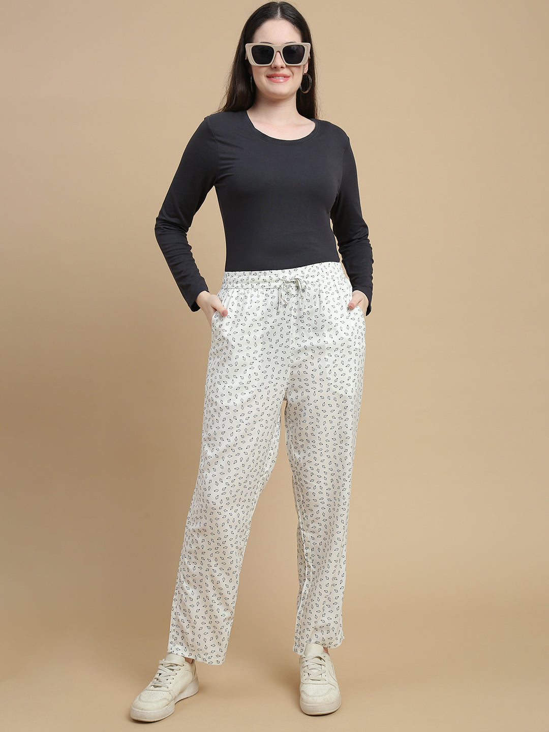 De Moza Women Woven Rayon Straight Fit Printed Straight Pant with Functional Pockets Offwhite - De Moza