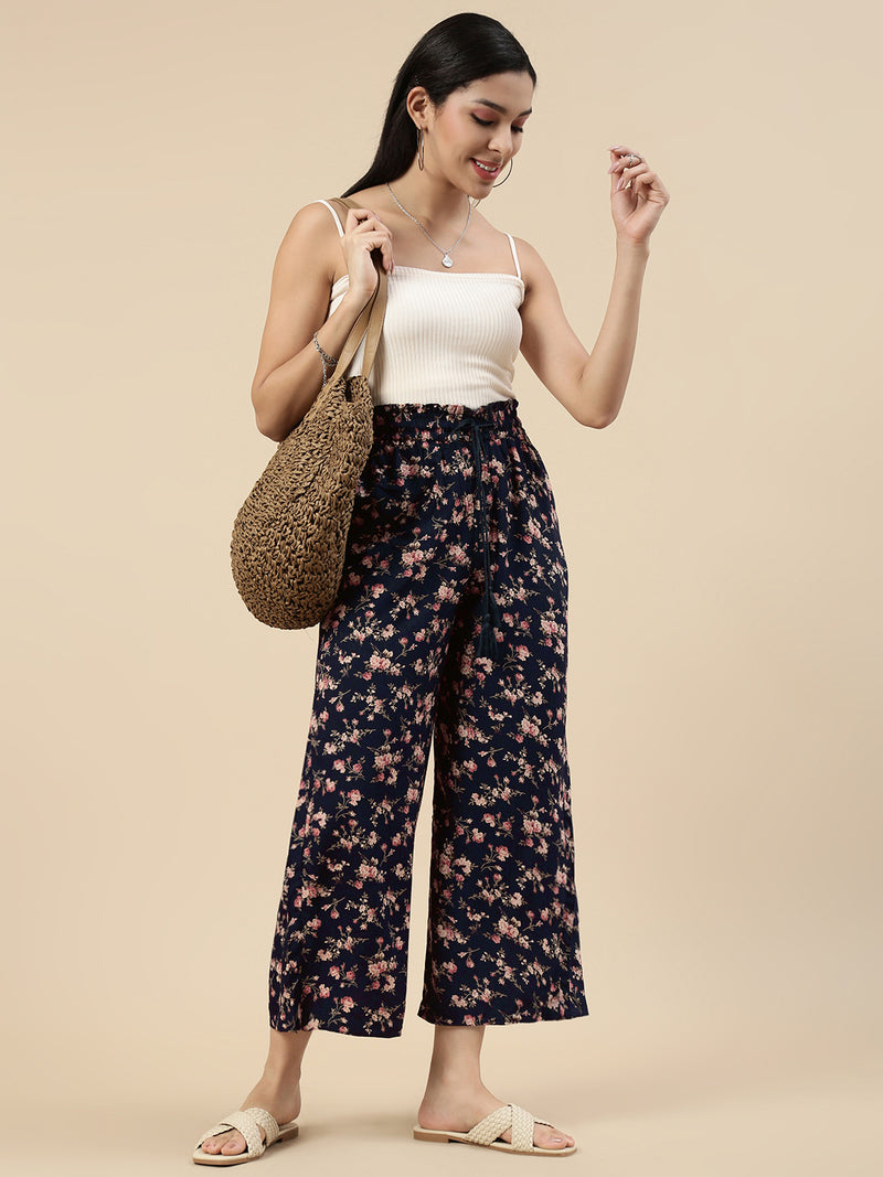Paper Bag Palazzo-Navy Blue - De Moza