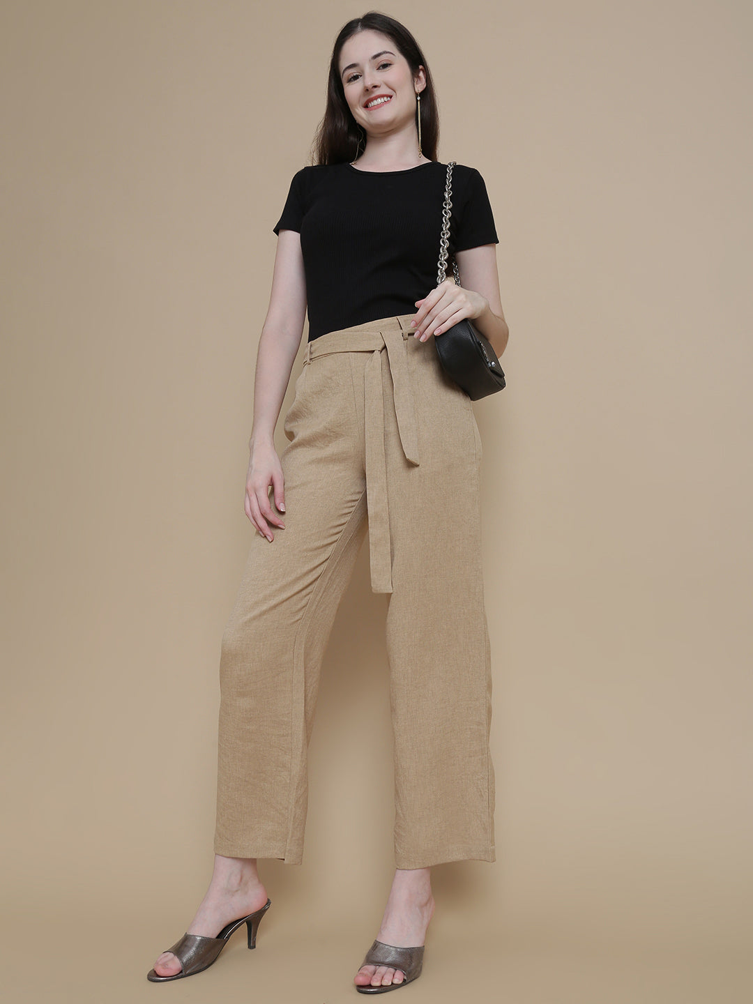 De Moza Women Woven Polyester Work wear Casual Pant with Functional Pockets Beige - De Moza