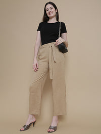 De Moza Women Woven Polyester Work wear Casual Pant with Functional Pockets Beige - De Moza