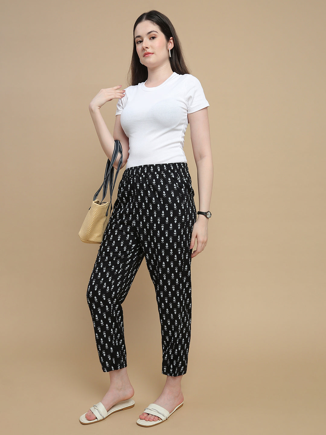 De Moza Women Woven Rayon Straight Fit Printed Straight Pant with Functional Pockets Black - De Moza